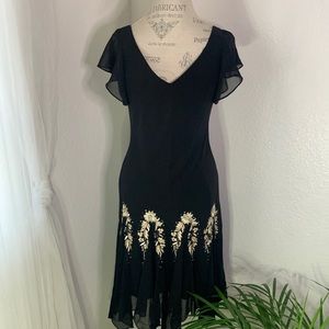 S.L. Fashions Gold Beaded Black Ruffled Dress